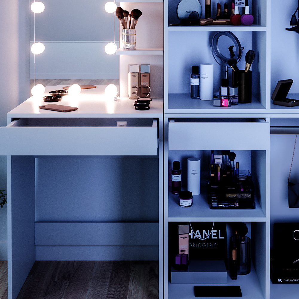 Vicco Tavolo da toeletta Bianco 60 cm con illuminazione LED e armadi