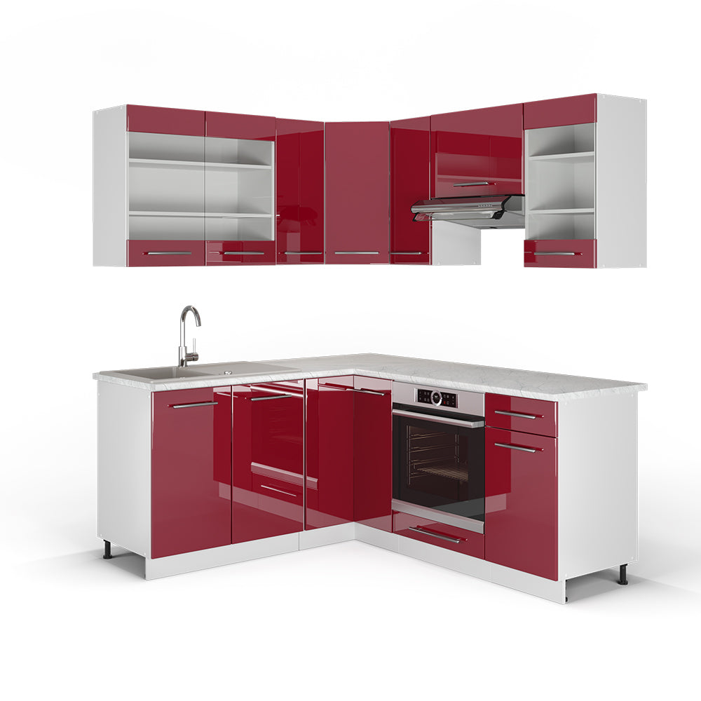Vicco Cucina angolare completa Bordeaux lucido/bianco 160 x 60 cm senza piano di lavoro