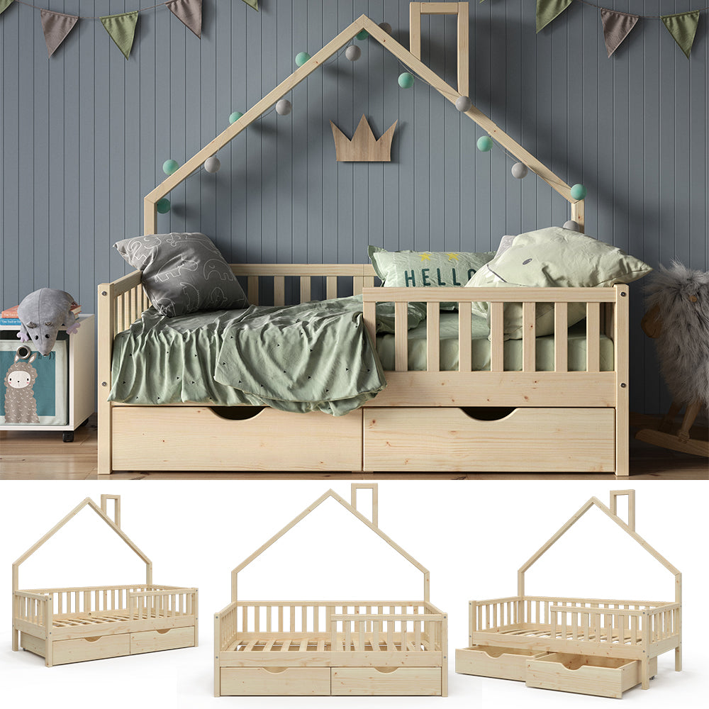 Vitalispa Letto montessori bambini Legno naturale 80x160 cm con 2 cassetti