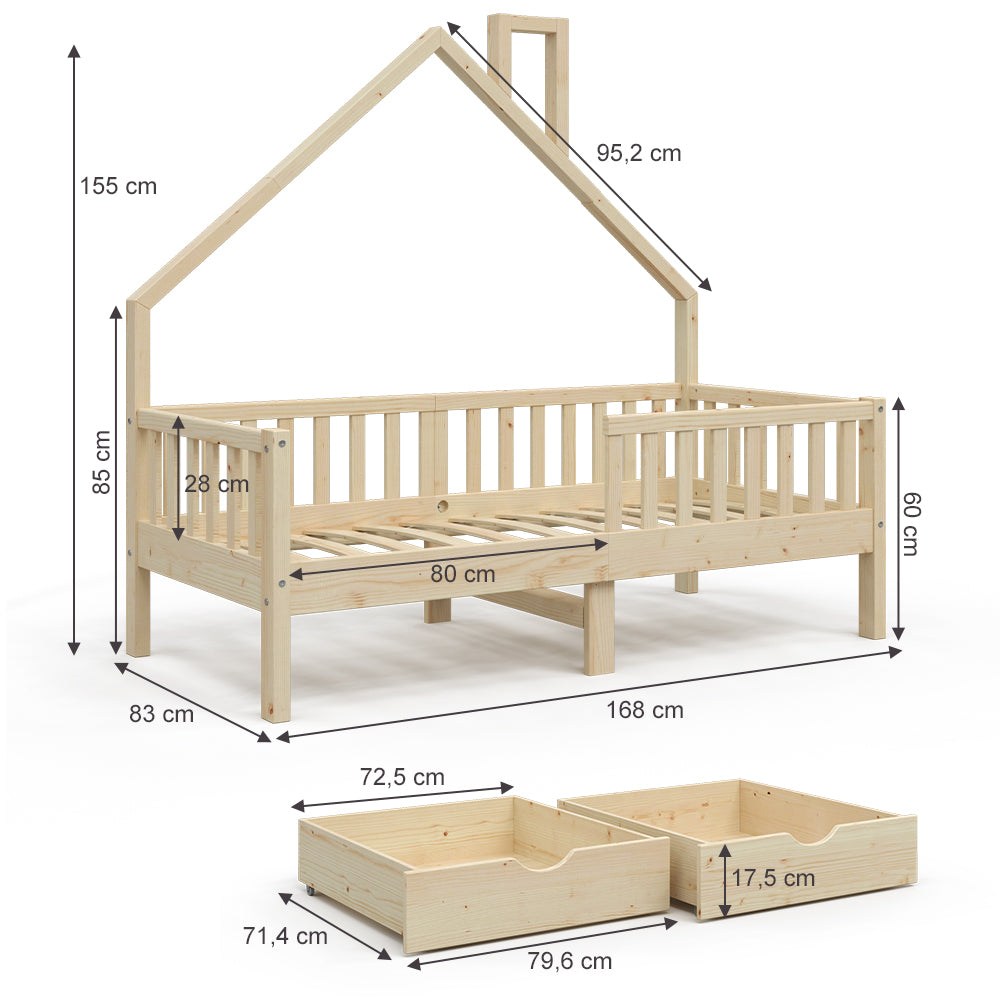 Vitalispa Letto montessori bambini Legno naturale 80x160 cm con 2 cassetti