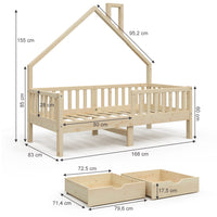 Vitalispa Letto montessori bambini Legno naturale 80x160 cm con 2 cassetti