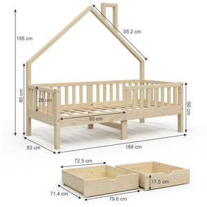 Vitalispa Letto montessori bambini Legno naturale 80x160 cm con 2 cassetti