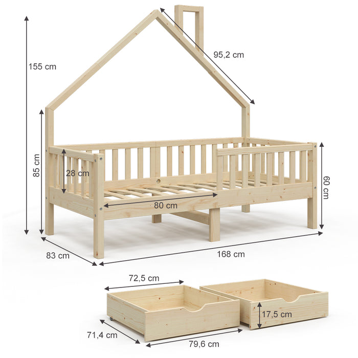 Vitalispa Letto montessori bambini Legno naturale 80x160 cm con 2 cassetti