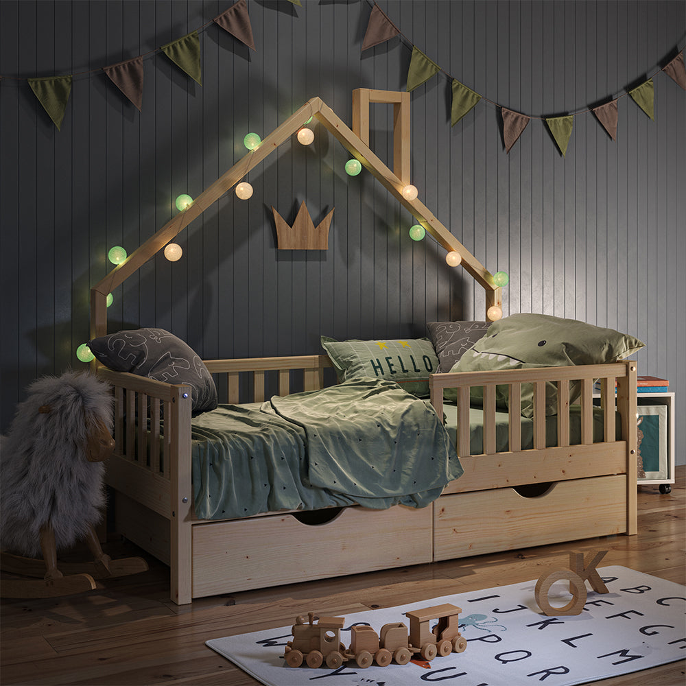 Vitalispa Letto montessori bambini Legno naturale 80x160 cm con 2 cassetti