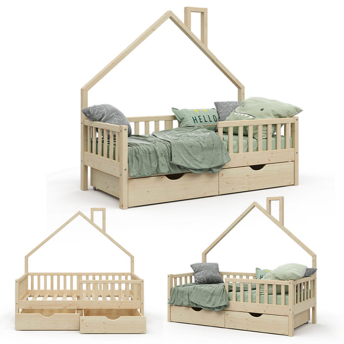 Vitalispa Letto montessori bambini Legno naturale 80x160 cm con 2 cassetti