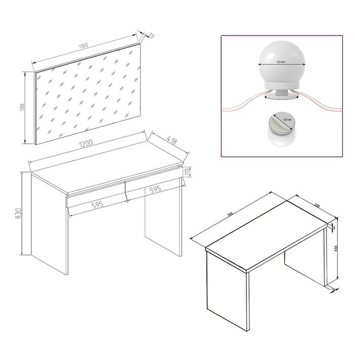 Vicco Tavolo da toeletta Bianco 120 cm con illuminazione a LED e panca