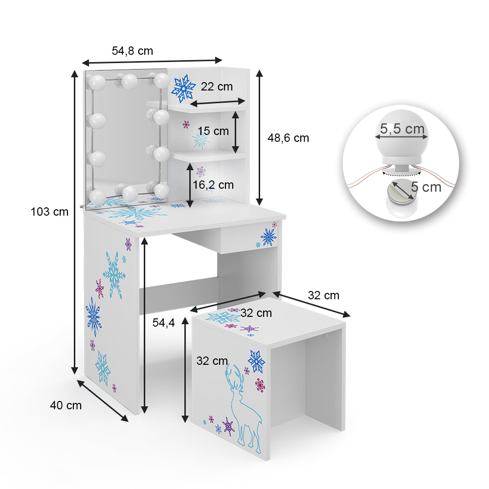 Vicco Tavolino da toilette per bambini Bianco 54.8 cm con illuminazione a LED
