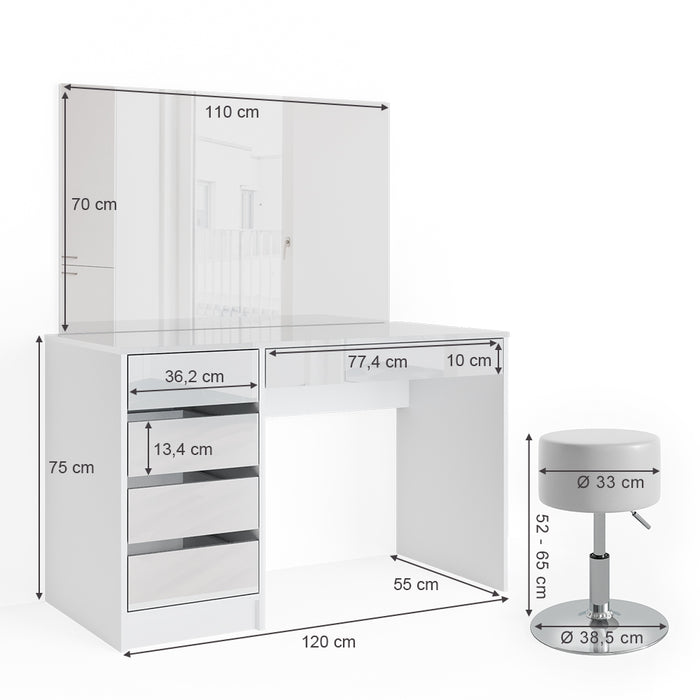 Vicco Tavolo da toeletta Bianco 55 cm con sgabello