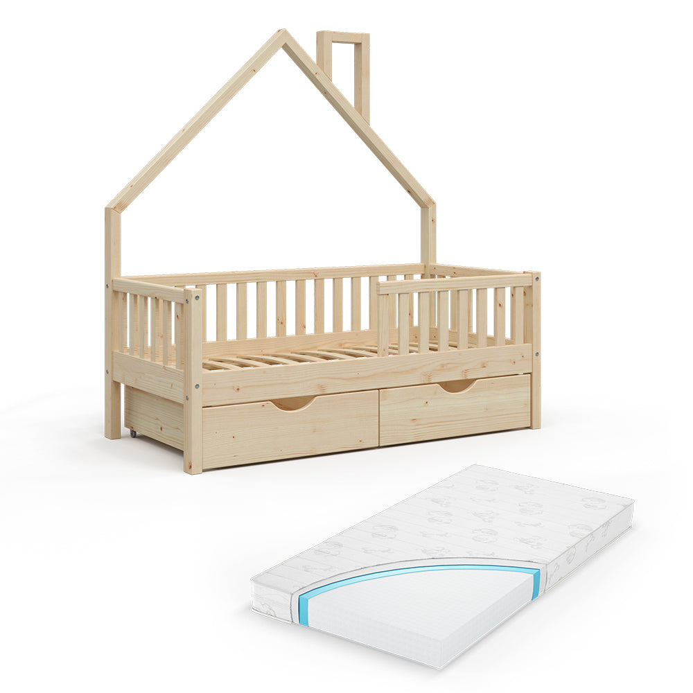 Vitalispa Letto montessori bambini Legno naturale 80x160 cm con 2 cassetti e materasso