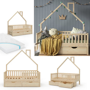Vitalispa Letto montessori bambini Legno naturale 80x160 cm con 2 cassetti e materasso