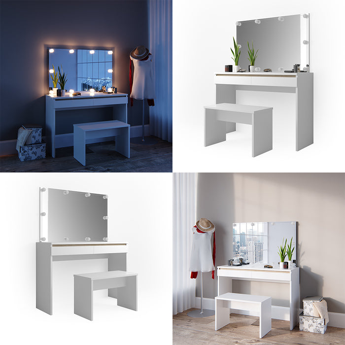 Vicco Tavolo da toeletta Bianco 120 cm con illuminazione a LED e panca