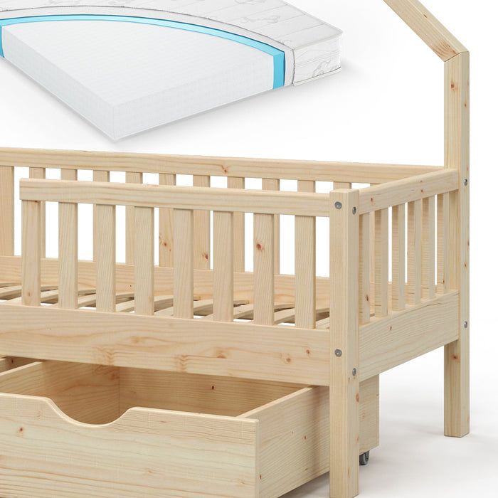 Vitalispa Letto montessori bambini Legno naturale 80x160 cm con 2 cassetti e materasso