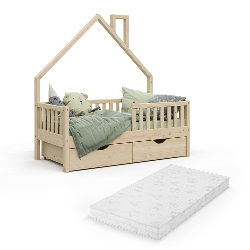 Vitalispa Letto montessori bambini Legno naturale 80x160 cm con 2 cassetti e materasso