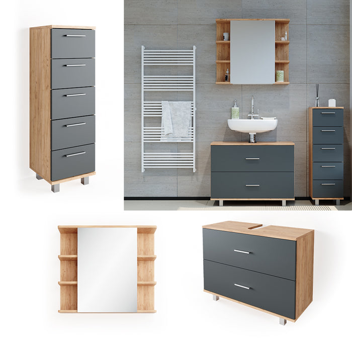 Vicco Set mobili bagno Antracite/quercia dorata 3 parti