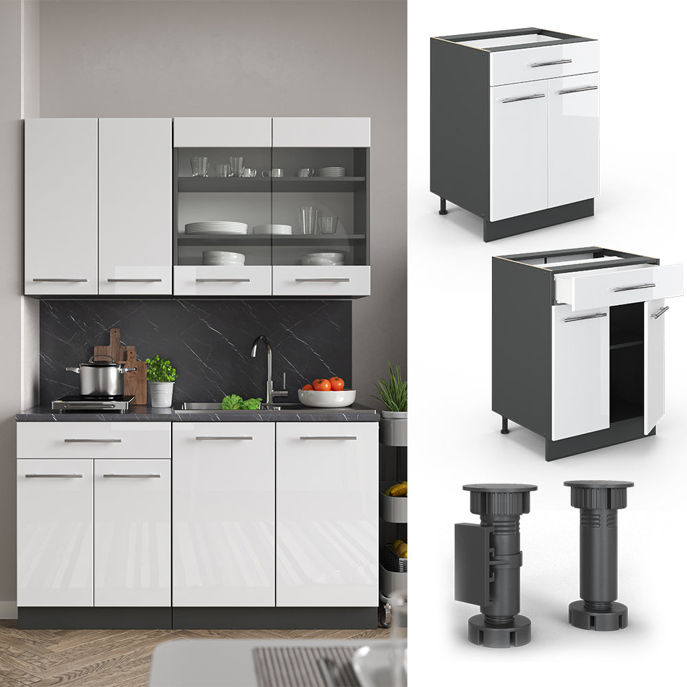 Vicco Mobiletto base per cucina Bianco lucido 60 cm con cassetto, PL Rovere