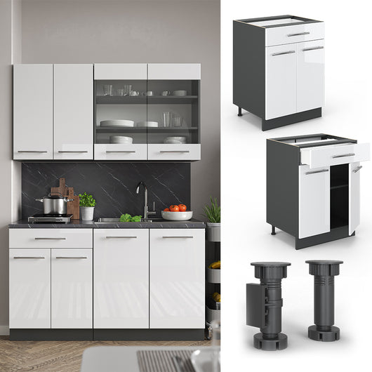 Vicco Mobiletto base per cucina Bianco lucido 60 cm con cassetto, PL Rovere