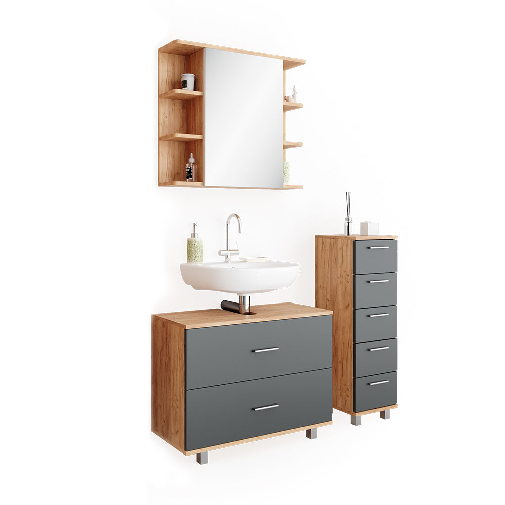 Vicco Set mobili bagno Antracite/quercia dorata 3 parti