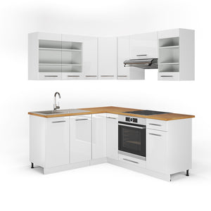 Vicco Cucina angolare completa Bianco/bianco lucido 190 x 160 cm senza piano di lavoro