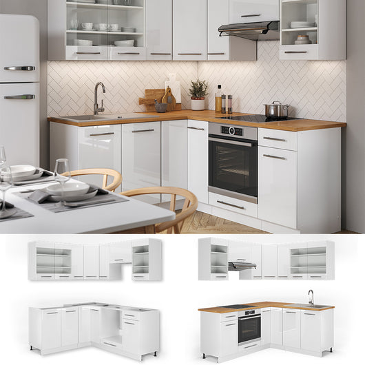Vicco Cucina angolare completa Bianco/bianco lucido 190 x 160 cm senza piano di lavoro