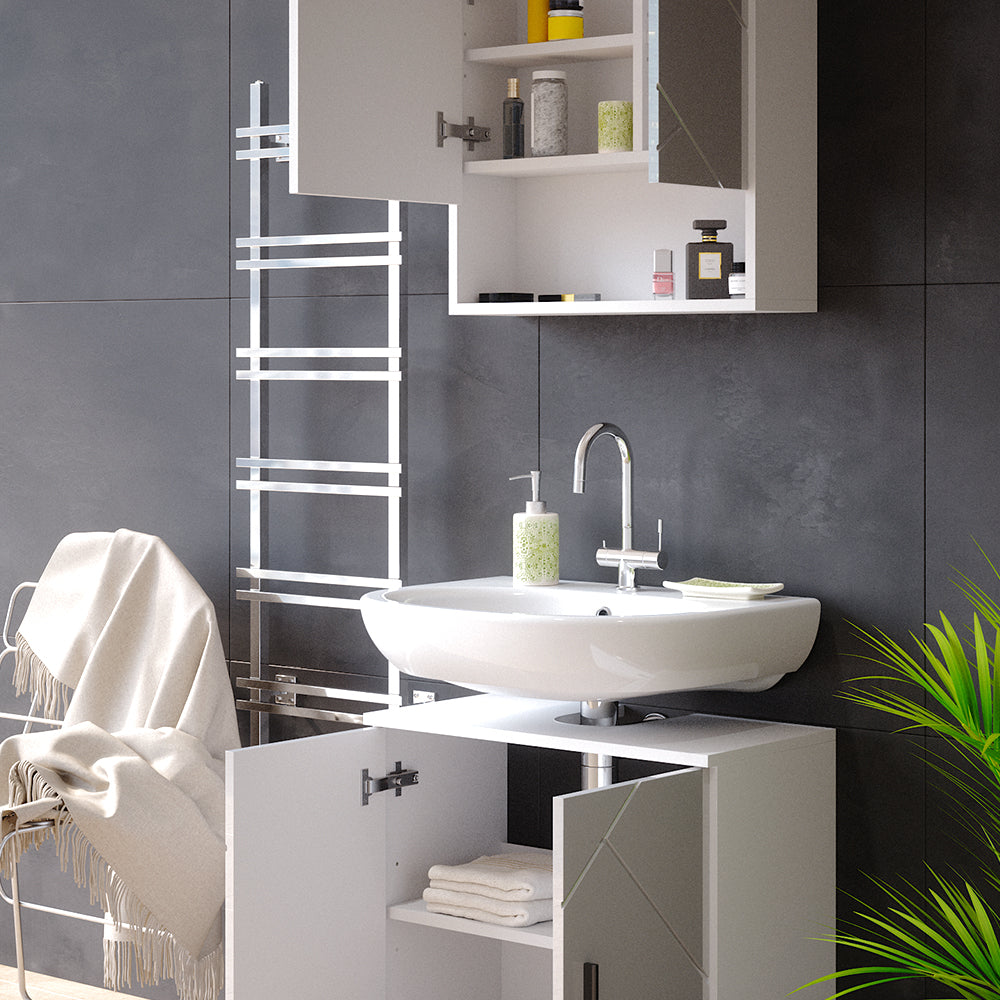 Vicco Set mobili bagno Bianco lucido 2 parti, mobile base 60 cm