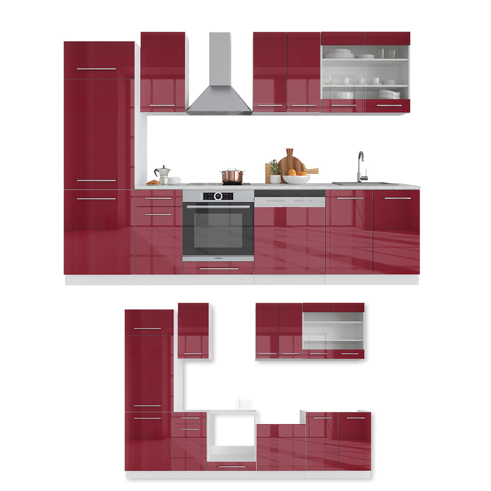 Vicco Cucina componibile Bordeaux lucido/bianco 300 cm senza piano di lavoro