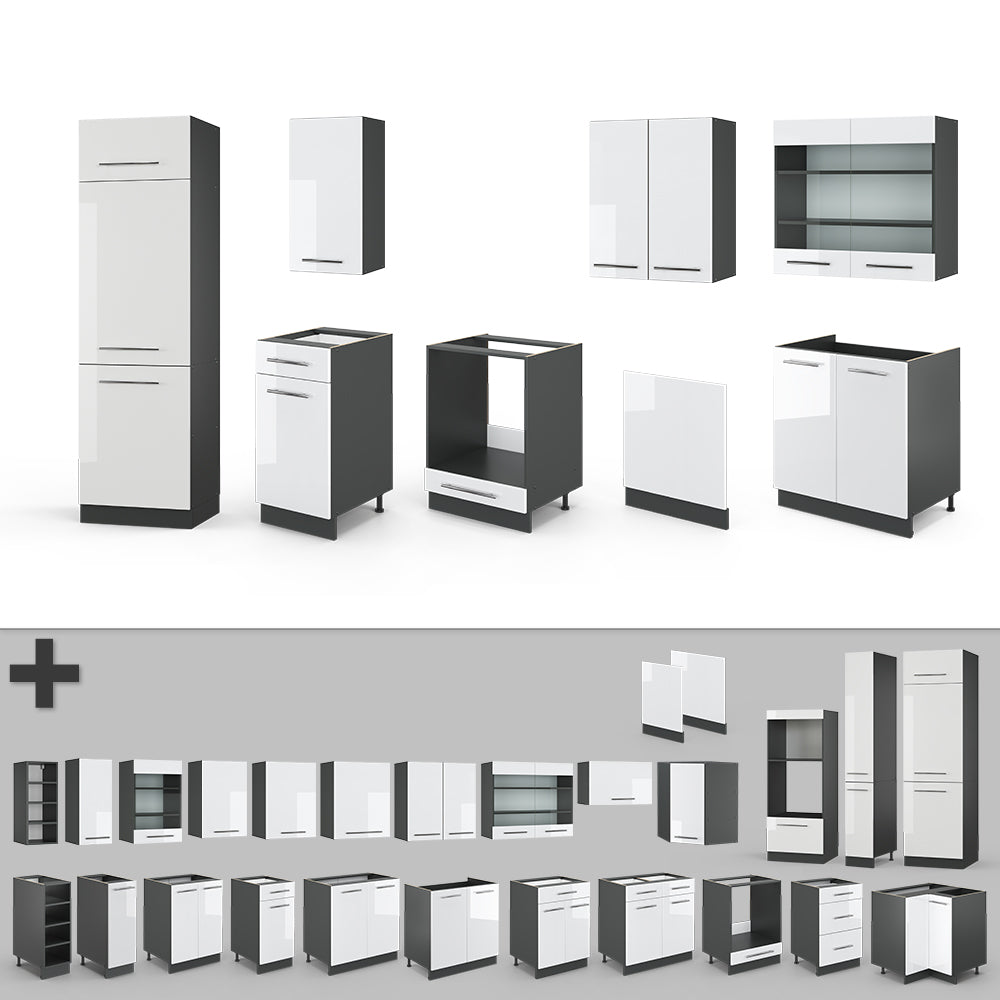 Vicco Cucina componibile Bianco lucido/antracite 300 cm senza piano di lavoro