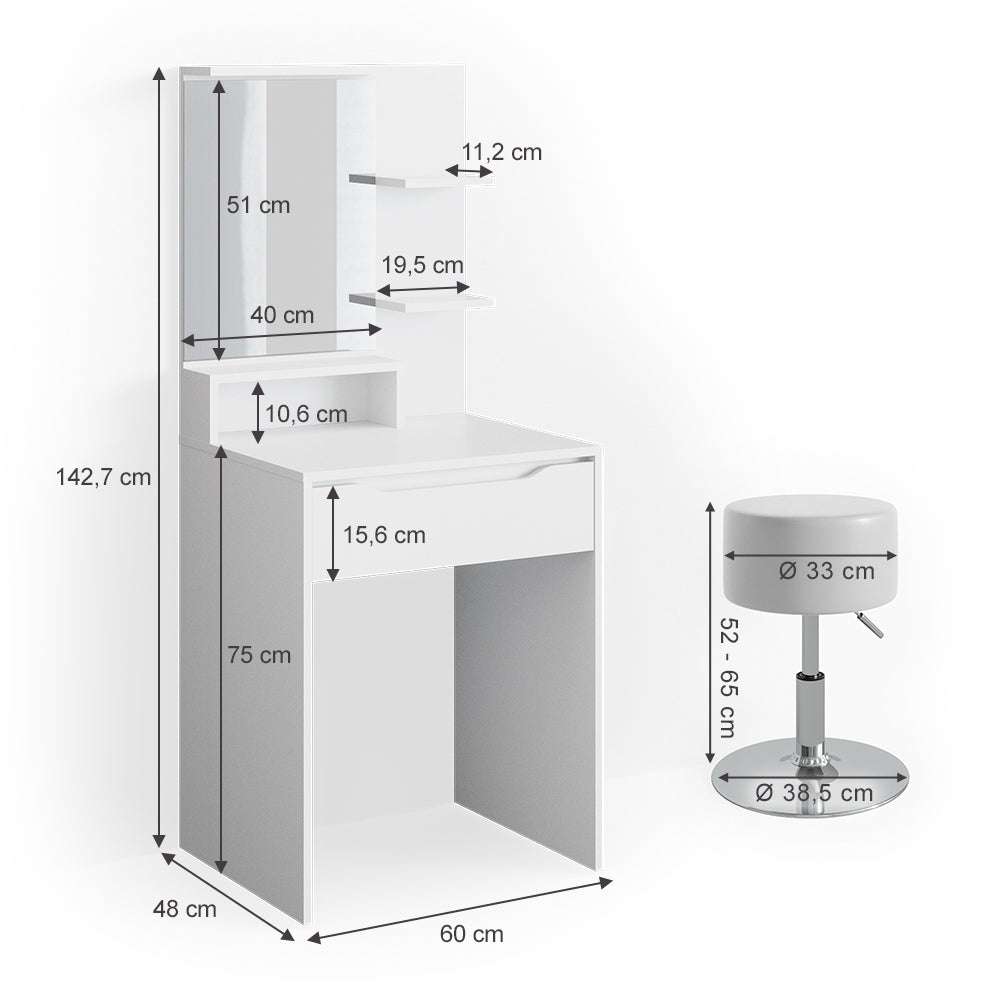 Vicco Tavolo da toeletta Bianco 60 cm con sgabello