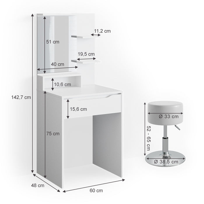 Vicco Tavolo da toeletta Bianco 60 cm con sgabello