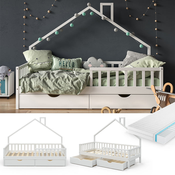 Vitalispa Letto montessori bambini Bianco 90x200 cm con 2 cassetti e materasso