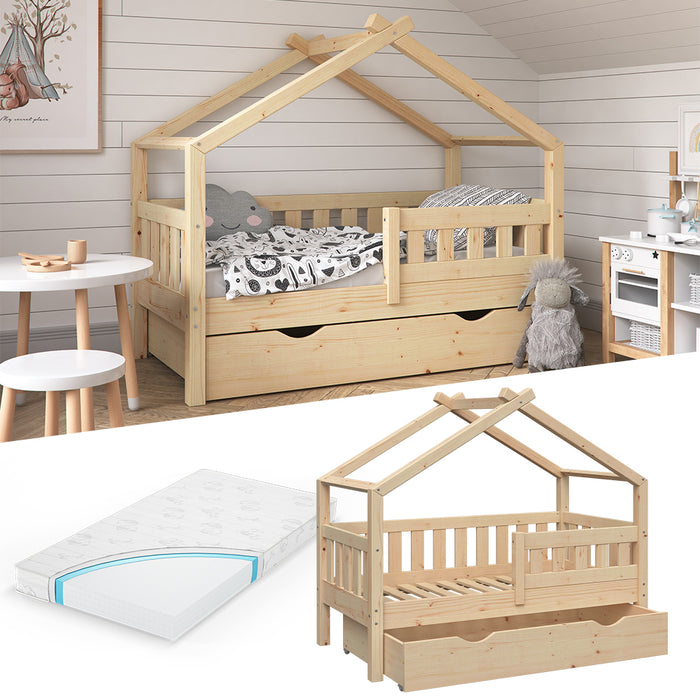 Vitalispa Letto montessori bambini Legno naturale 70x140 cm con cassetto e materasso