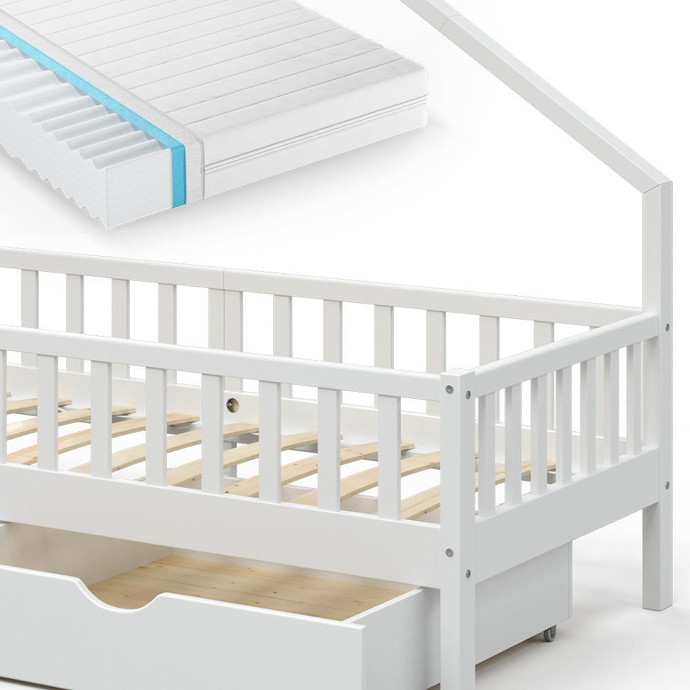 Vitalispa Letto montessori bambini Bianco 90x200 cm con 2 cassetti e materasso