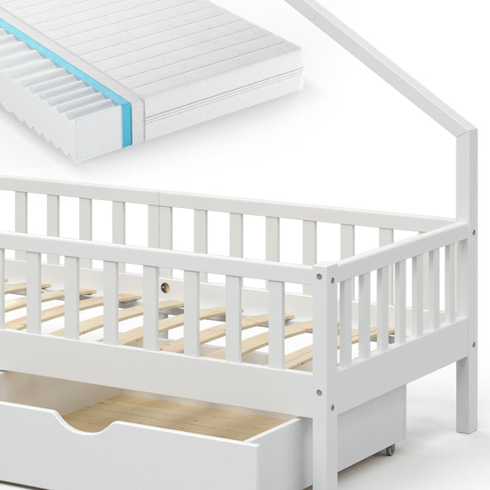 Vitalispa Letto montessori bambini Bianco 90x200 cm con 2 cassetti e materasso