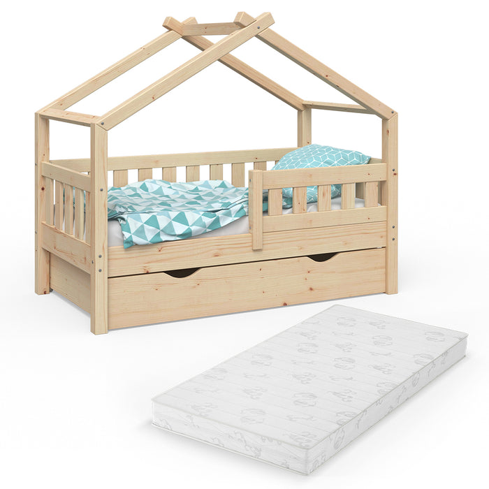 Vitalispa Letto montessori bambini Legno naturale 70x140 cm con cassetto e materasso