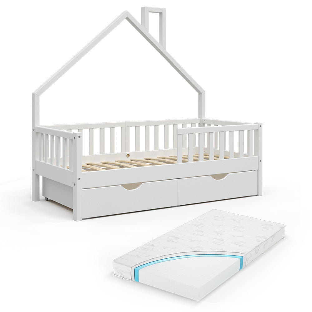 Vitalispa Letto montessori bambini Bianco 80x160 cm con 2 cassetti e materasso