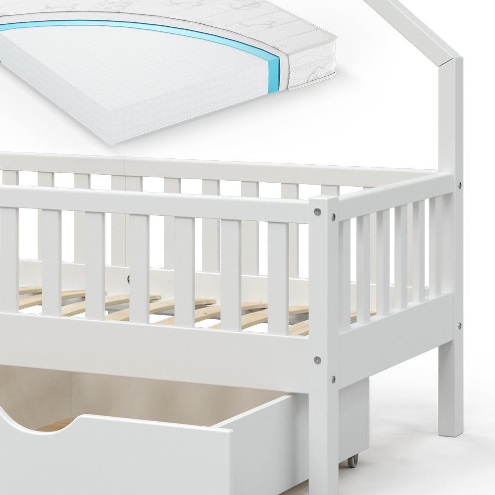 Vitalispa Letto montessori bambini Bianco 80x160 cm con 2 cassetti e materasso