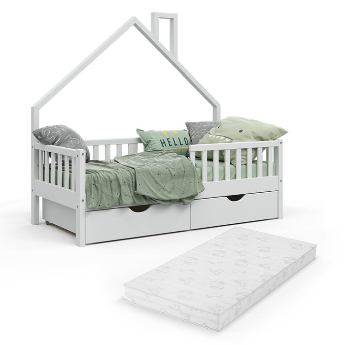 Vitalispa Letto montessori bambini Bianco 80x160 cm con 2 cassetti e materasso