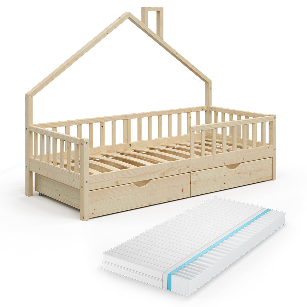 Vitalispa Letto montessori bambini Legno naturale 90x200 cm con 2 cassetti e materasso