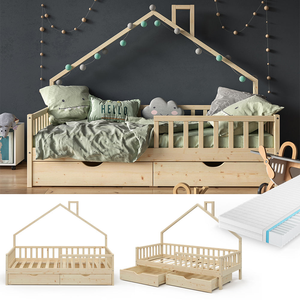 Vitalispa Letto montessori bambini Legno naturale 90x200 cm con 2 cassetti e materasso