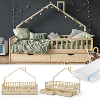 Vitalispa Letto montessori bambini Legno naturale 90x200 cm con 2 cassetti e materasso