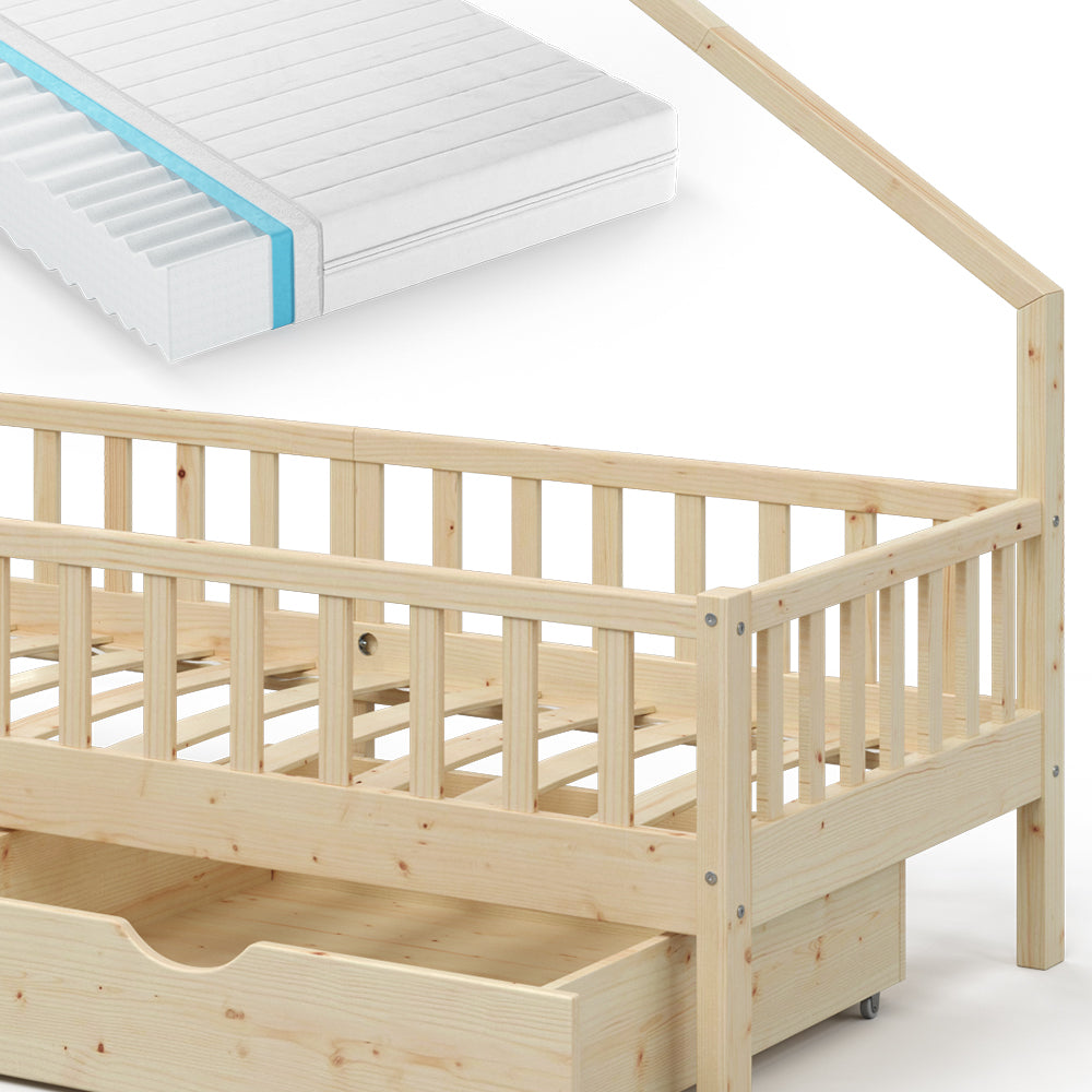 Vitalispa Letto montessori bambini Legno naturale 90x200 cm con 2 cassetti e materasso