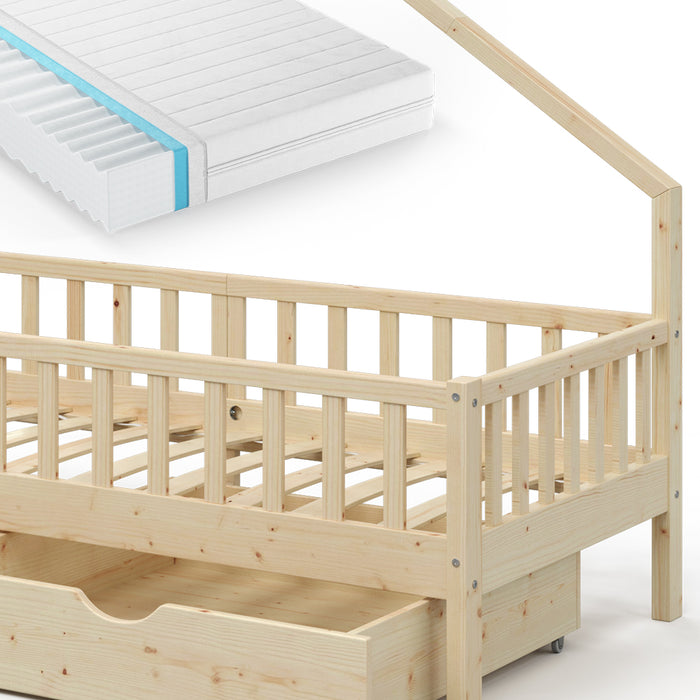 Vitalispa Letto montessori bambini Legno naturale 90x200 cm con 2 cassetti e materasso