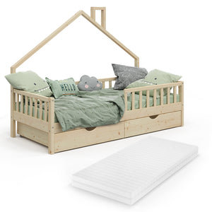 Vitalispa Letto montessori bambini Legno naturale 90x200 cm con 2 cassetti e materasso