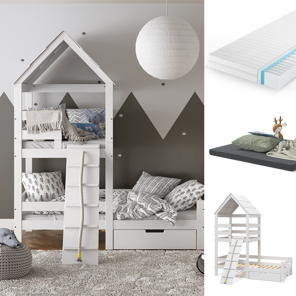 Vitalispa Letto montessori bambini Bianco 90x200 cm con 2 materassi e cassetto