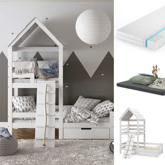 Vitalispa Letto montessori bambini Bianco 90x200 cm con 2 materassi e cassetto