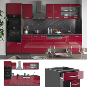Vicco Cucina componibile Rosso lucido/antracite 300 cm con armadio alto, PL Marmo