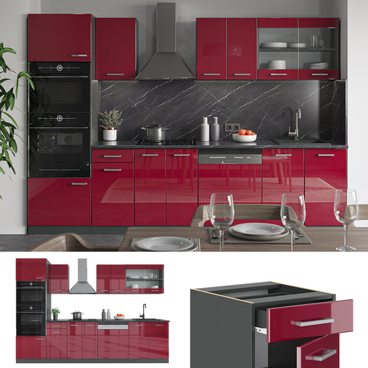 Vicco Cucina componibile Rosso lucido/antracite 300 cm con armadio alto, senza piano di lavoro