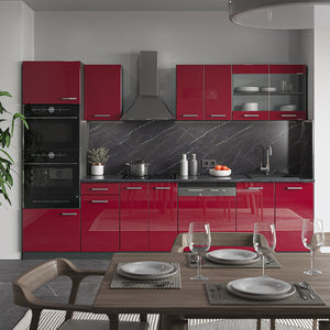 Vicco Cucina componibile Rosso lucido/antracite 300 cm con armadio alto, PL Rovere