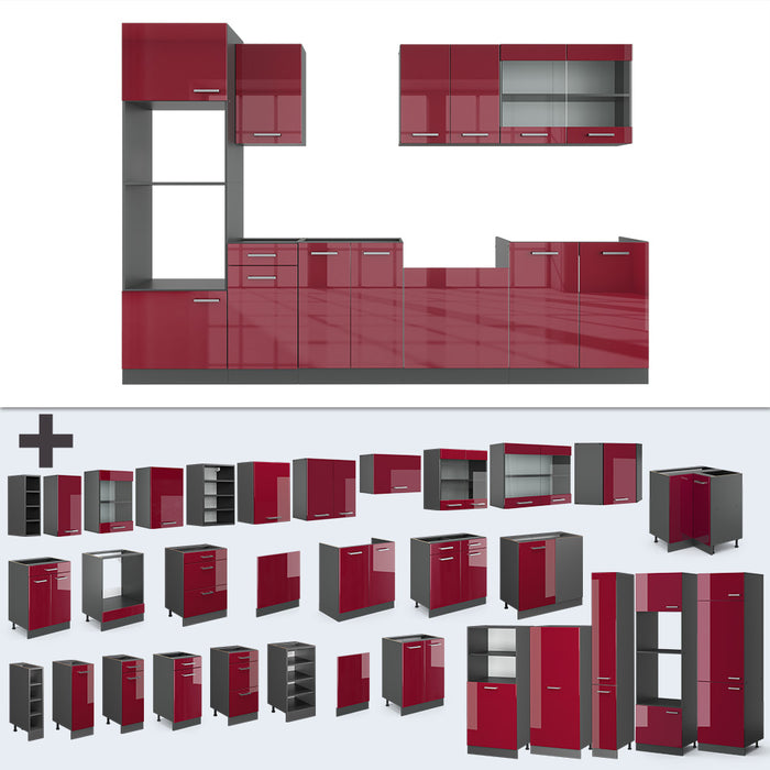 Vicco Cucina componibile Rosso lucido/antracite 300 cm con armadio alto, PL Rovere