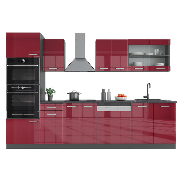 Vicco Cucina componibile Rosso lucido/antracite 300 cm con armadio alto, PL Antracite