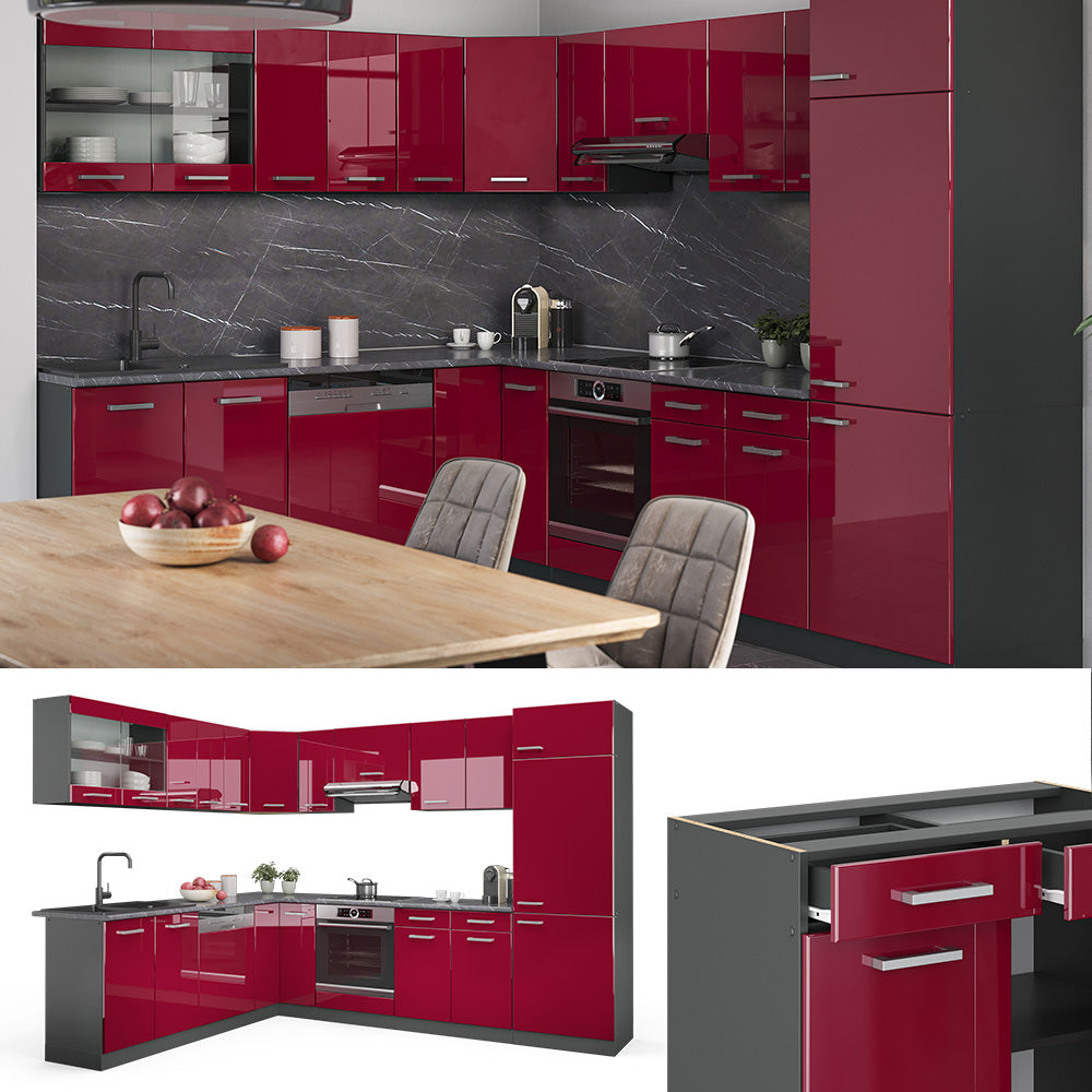 Vicco Cucina angolare completa Rosso lucido/antracite 287 x 60 cm , PL Marmo